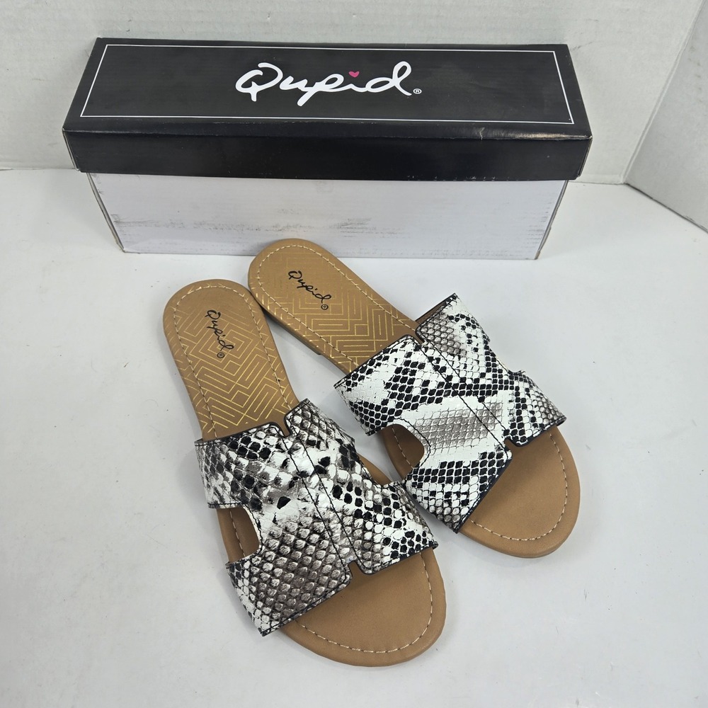 Qupid Black and White Snake Print Slide Sandals Flats Archer 569-X Women 8.5 NIB